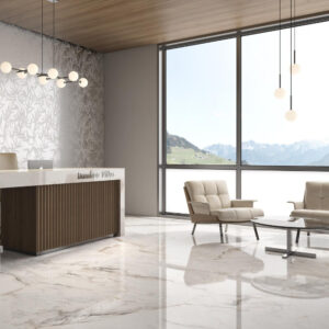 Pamesa CR Pisa Marmoroptik poliert als Bodenfliese in einem Empfangsbereich