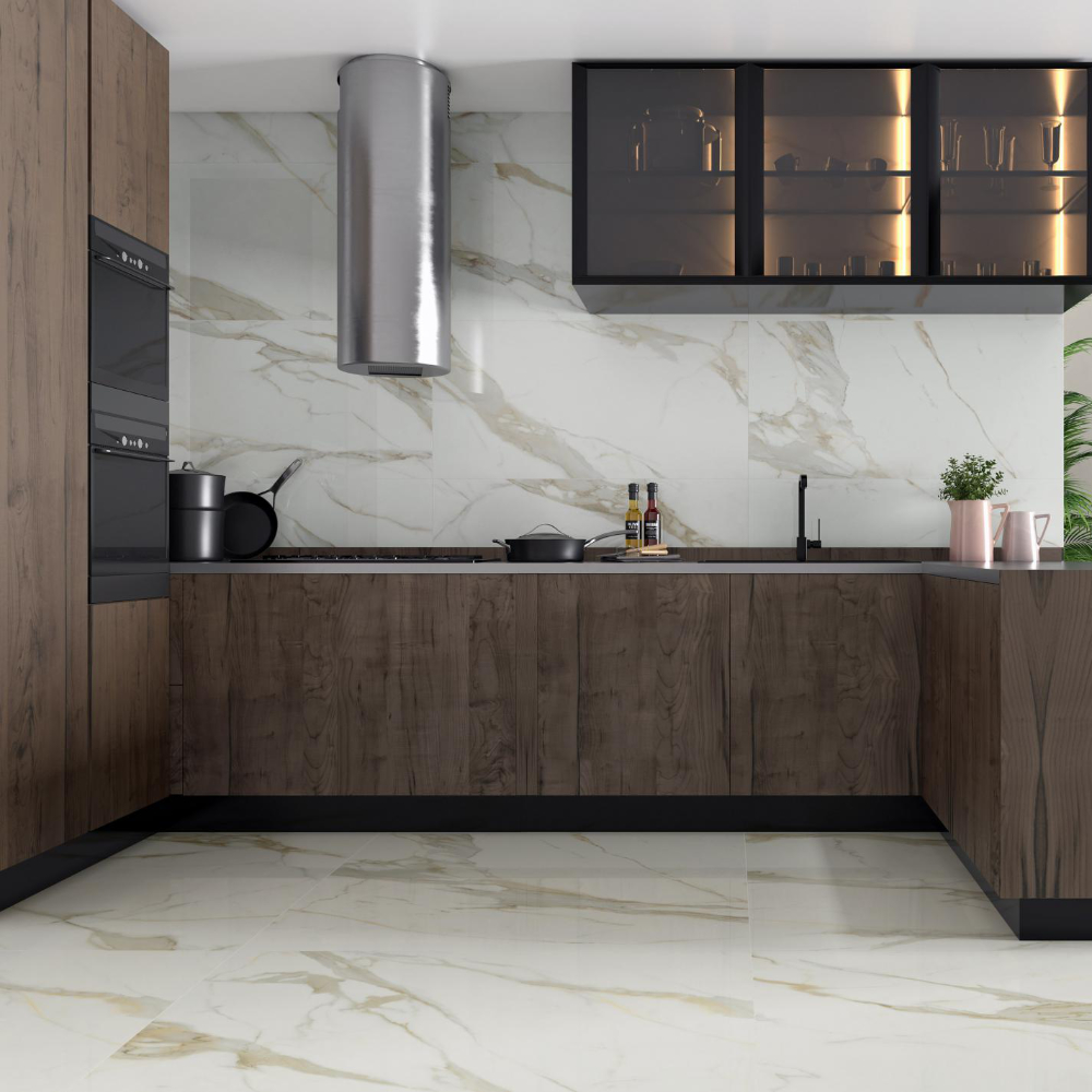 Pamesa Calacata Gold 1 60x60 matt in einer Küche als Wandfliese